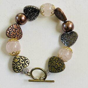 Bohemian Bracelet Rose Quartz Beads Mixed Hearts Chunky Boho Handmade 7.5 Inch
